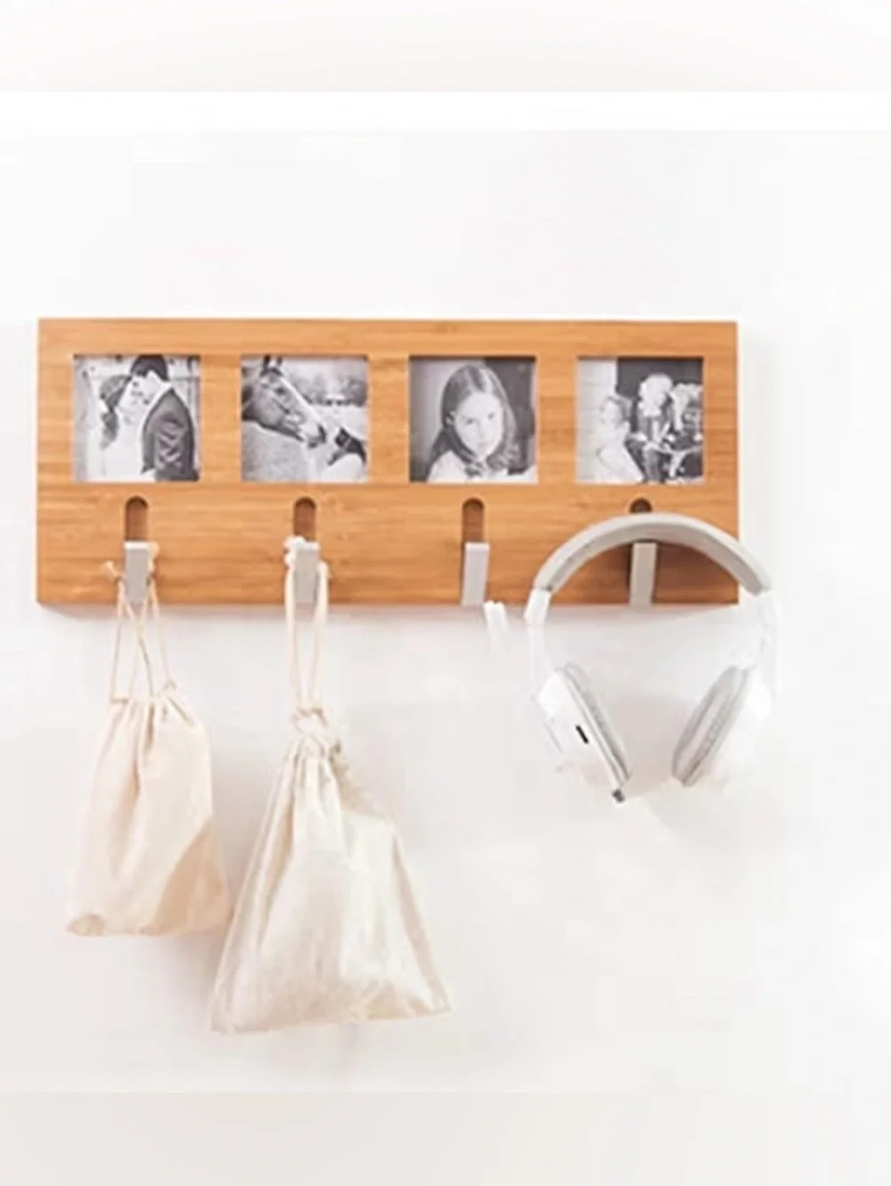 New in plastic 4 Wooden Photo Frame Coat Rack in Natural white tan wood